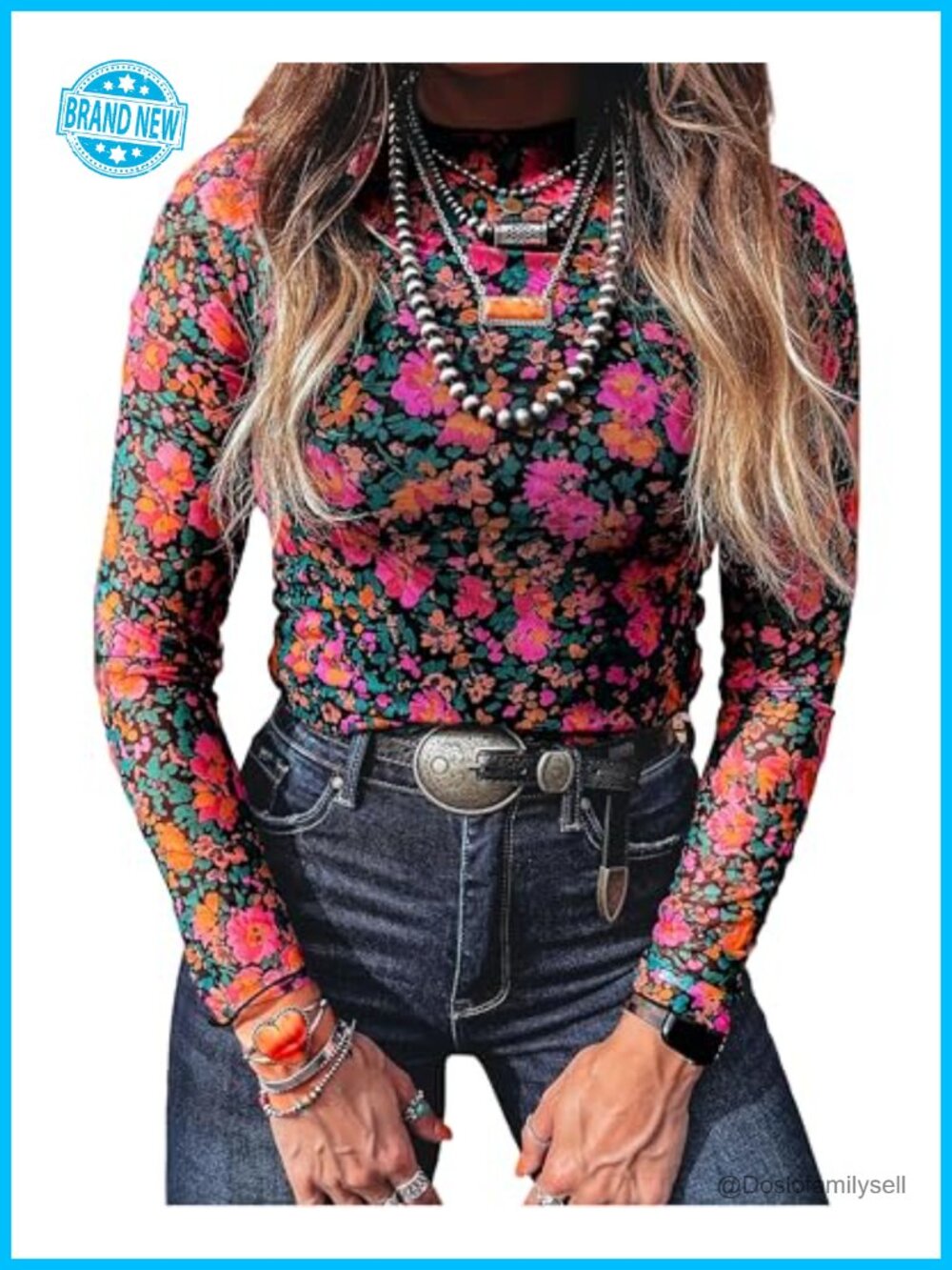 Women's Floral Mesh Long Sleeve Mock Neck Sheer Top Slim Fit Blouse